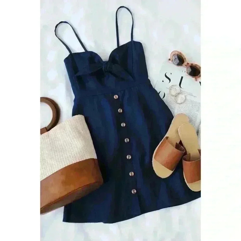 Faithful the Brand Rodeo Pink Linen Button Up Tie-Front Mini Skater Summer Dress - Picture 14 of 15